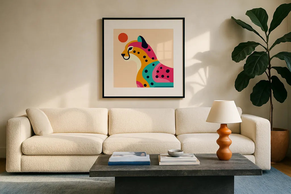 Safari Cat I by Omar Escalante. Displayed in a glass frame with matte in a clean modern living room. Available as an archival giclee rolled canvas, fine art paper, or poster print. SKU 92555a.