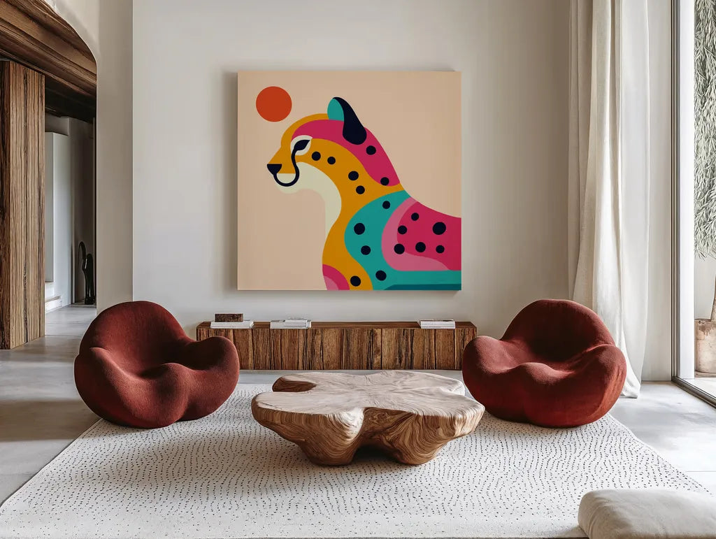 Safari Cat I by Omar Escalante. Shown as extra-large giant wall art in a modern living room. Available as an archival giclee rolled canvas, fine art paper, or poster print. SKU 92555a.