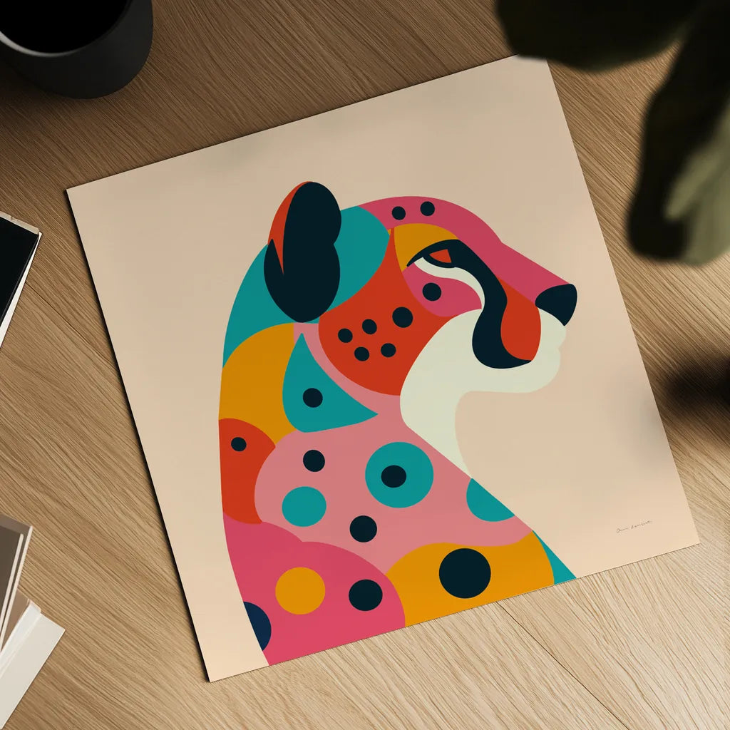 Safari Cat II by Omar Escalante. Shown as a detailed flat fine art print, highlighting archival giclee quality. Available as an archival giclee rolled canvas, fine art paper, or poster print. SKU 92556a.