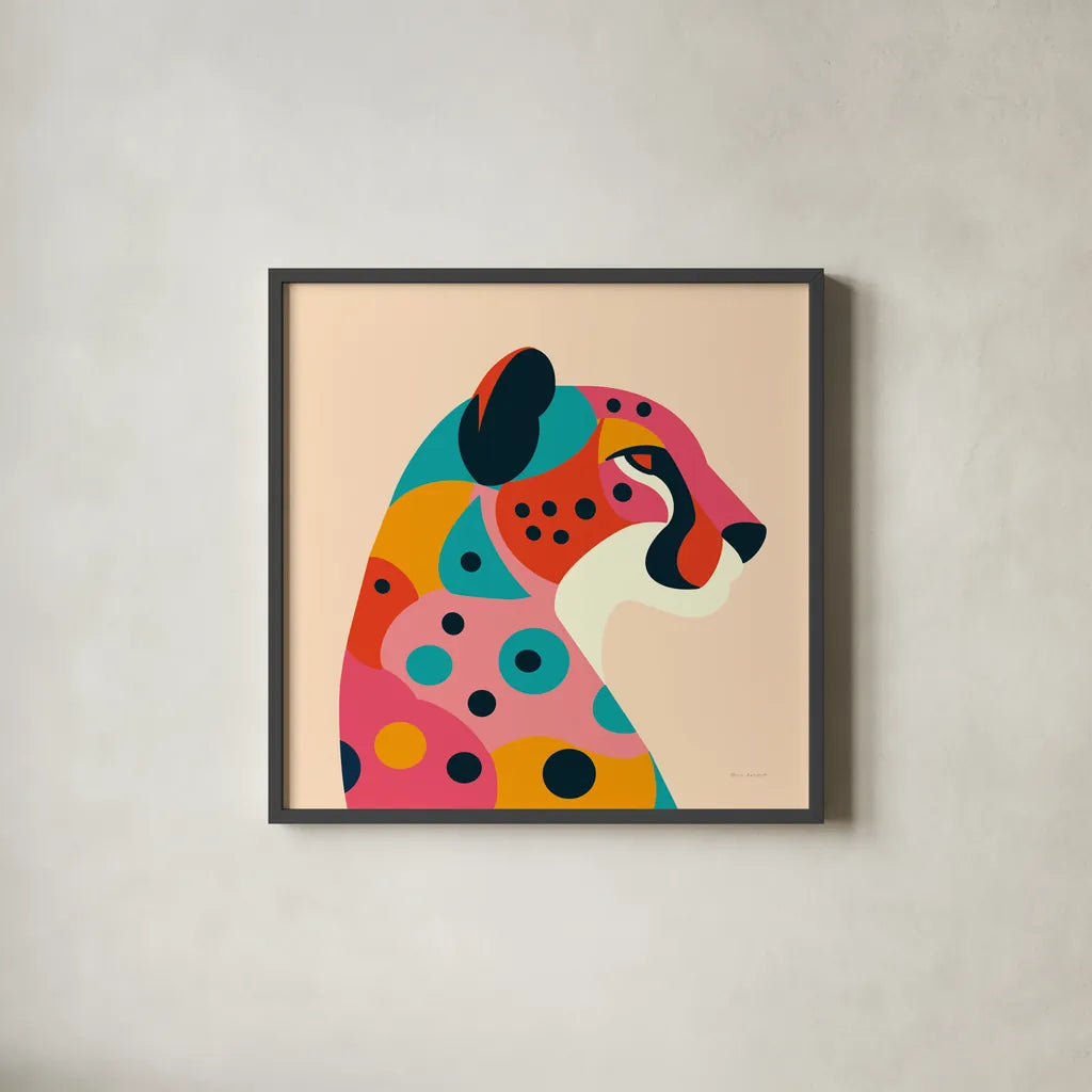 Safari Cat II by Omar Escalante. Shown in a sleek black glass frame for a contemporary gallery look. Available as an archival giclee rolled canvas, fine art paper, or poster print. SKU 92556a.
