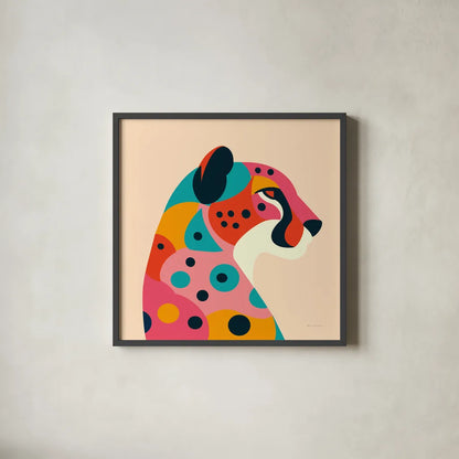 Safari Cat II by Omar Escalante. Shown in a sleek black glass frame for a contemporary gallery look. Available as an archival giclee rolled canvas, fine art paper, or poster print. SKU 92556a.