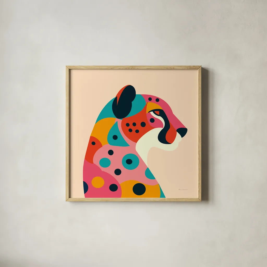 Safari Cat II by Omar Escalante. Shown in a natural wood glass frame for a timeless modern aesthetic. Available as an archival giclee rolled canvas, fine art paper, or poster print. SKU 92556a.