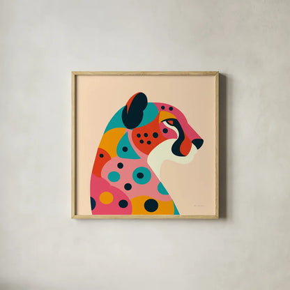 Safari Cat II by Omar Escalante. Shown in a natural wood glass frame for a timeless modern aesthetic. Available as an archival giclee rolled canvas, fine art paper, or poster print. SKU 92556a.