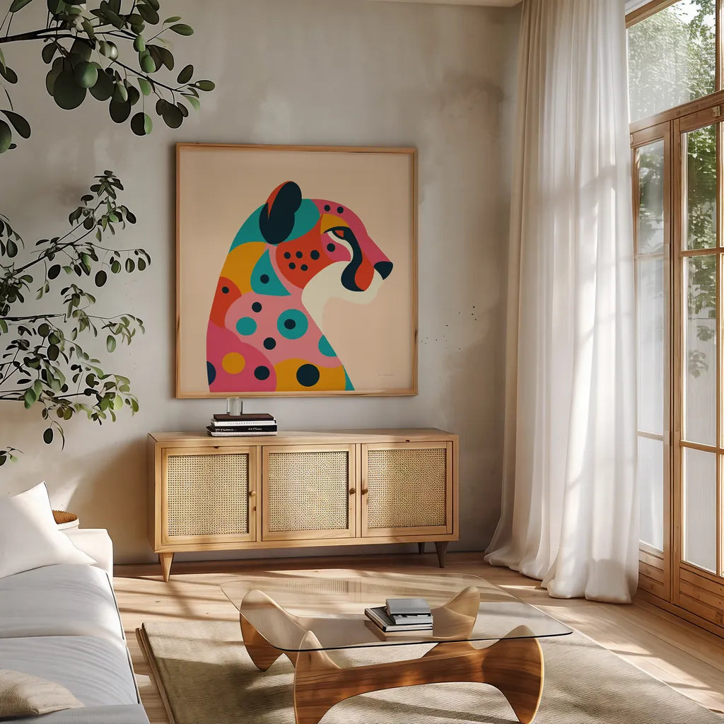 Safari Cat II by Omar Escalante. Shown in a natural wood frame in a cozy modern living room. Available as an archival giclee rolled canvas, fine art paper, or poster print. SKU 92556a.