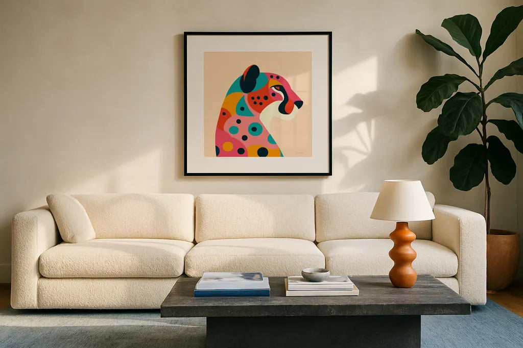 Safari Cat II by Omar Escalante. Displayed in a glass frame with matte in a clean modern living room. Available as an archival giclee rolled canvas, fine art paper, or poster print. SKU 92556a.