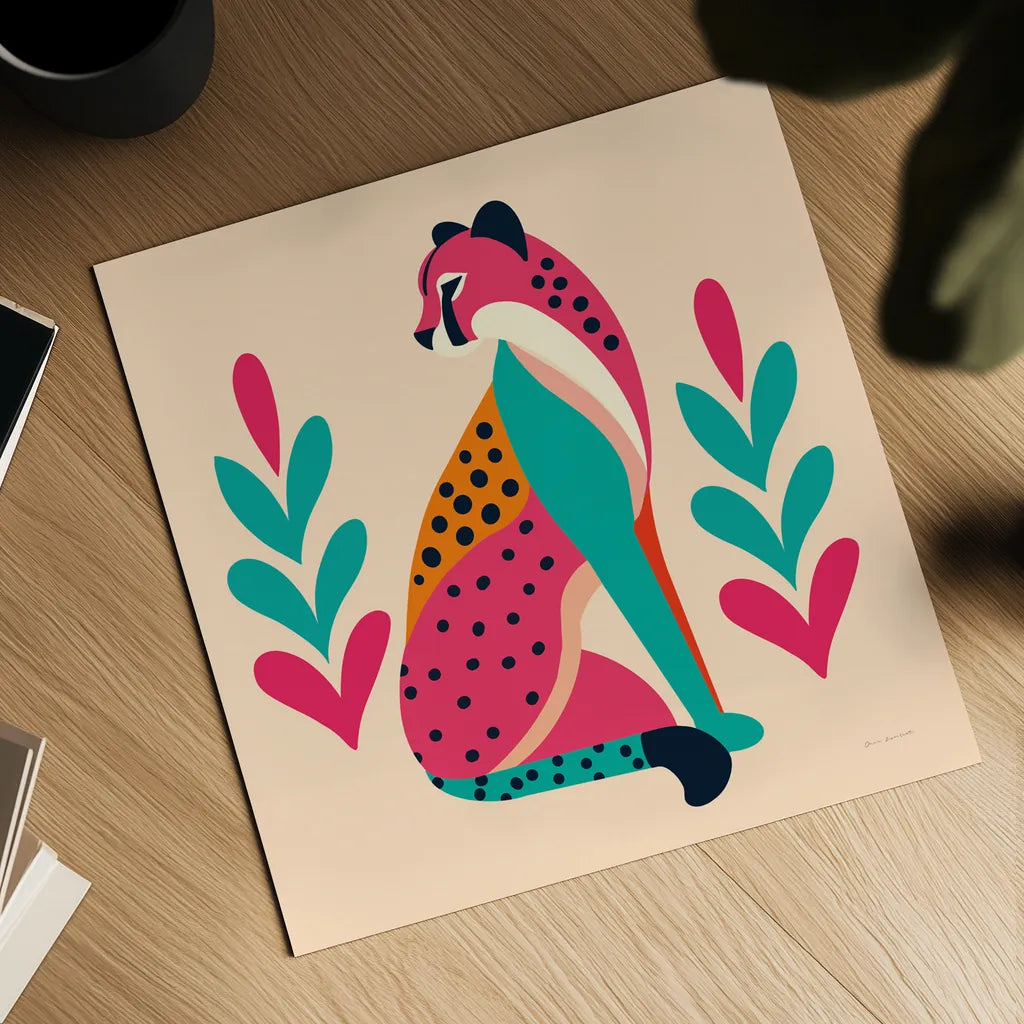 Safari Cat III by Omar Escalante. Shown as a detailed flat fine art print, highlighting archival giclee quality. Available as an archival giclee rolled canvas, fine art paper, or poster print. SKU 92557a.