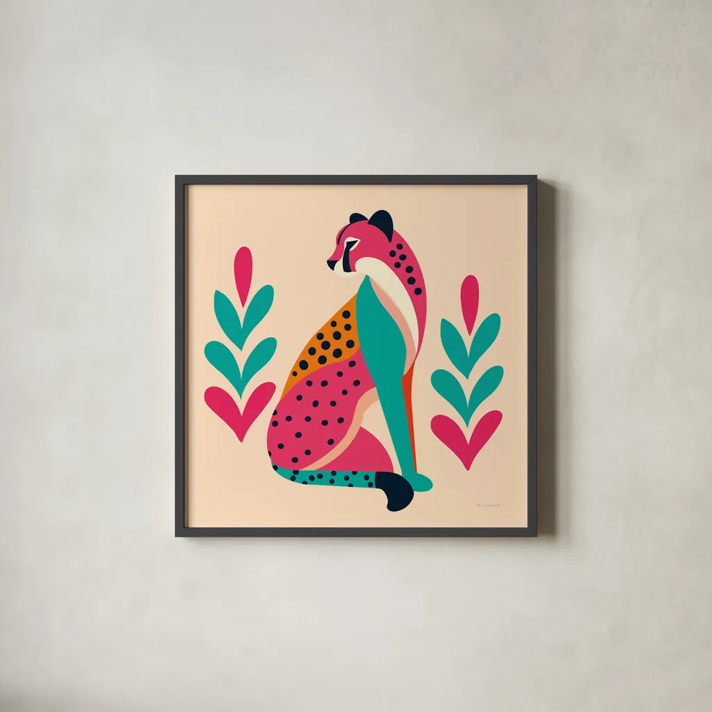 Safari Cat III by Omar Escalante. Shown in a sleek black glass frame for a contemporary gallery look. Available as an archival giclee rolled canvas, fine art paper, or poster print. SKU 92557a.