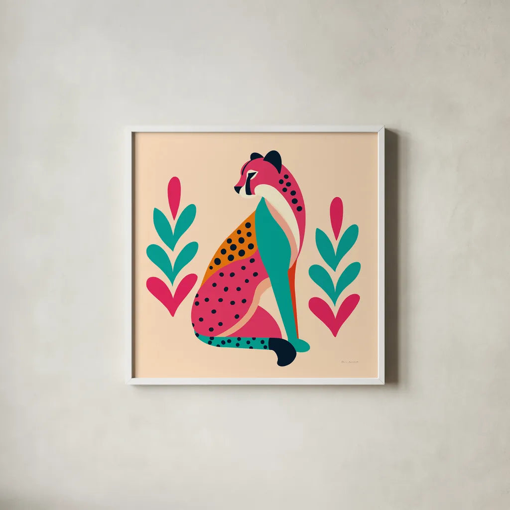 Safari Cat III by Omar Escalante. Shown in a crisp white glass frame for a clean and minimalist style. Available as an archival giclee rolled canvas, fine art paper, or poster print. SKU 92557a.