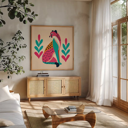 Safari Cat III by Omar Escalante. Shown in a natural wood frame in a cozy modern living room. Available as an archival giclee rolled canvas, fine art paper, or poster print. SKU 92557a.