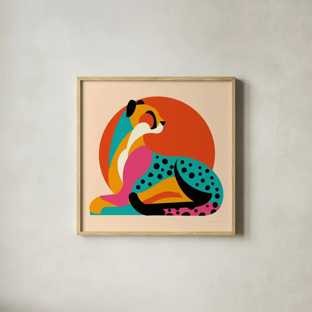 Safari Cat IV by Omar Escalante. Shown in a natural wood glass frame for a timeless modern aesthetic. Available as an archival giclee rolled canvas, fine art paper, or poster print. SKU 92558a.