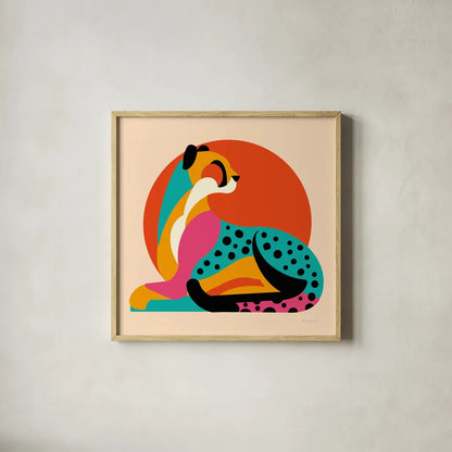 Safari Cat IV by Omar Escalante. Shown in a natural wood glass frame for a timeless modern aesthetic. Available as an archival giclee rolled canvas, fine art paper, or poster print. SKU 92558a.