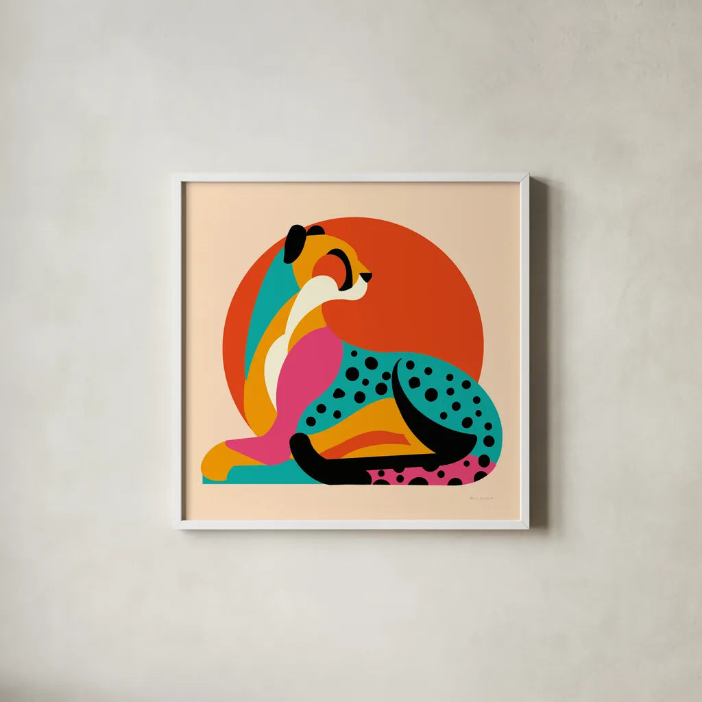 Safari Cat IV by Omar Escalante. Shown in a crisp white glass frame for a clean and minimalist style. Available as an archival giclee rolled canvas, fine art paper, or poster print. SKU 92558a.