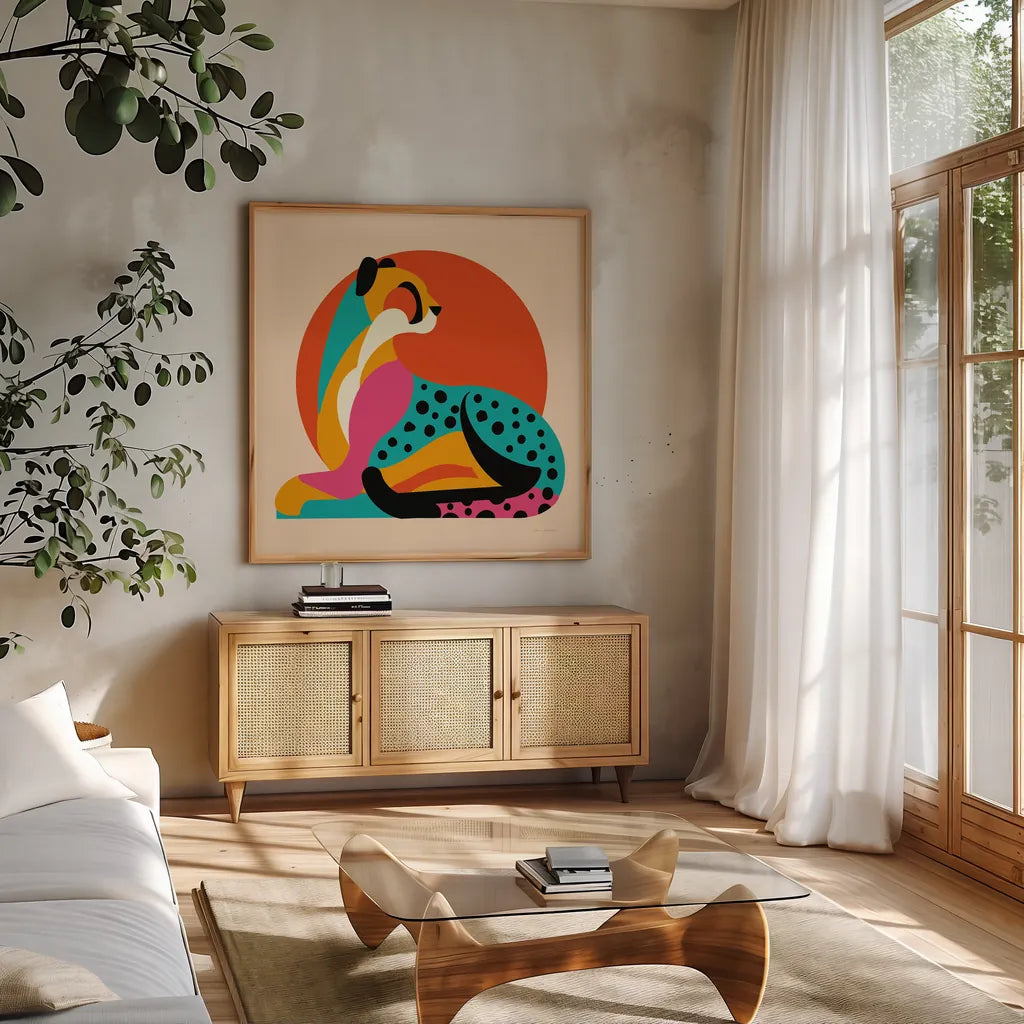 Safari Cat IV by Omar Escalante. Shown in a natural wood frame in a cozy modern living room. Available as an archival giclee rolled canvas, fine art paper, or poster print. SKU 92558a.