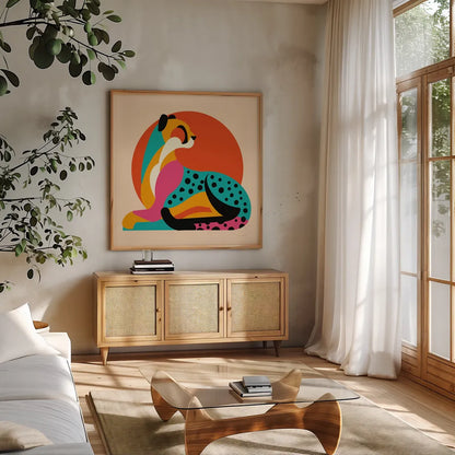 Safari Cat IV by Omar Escalante. Shown in a natural wood frame in a cozy modern living room. Available as an archival giclee rolled canvas, fine art paper, or poster print. SKU 92558a.