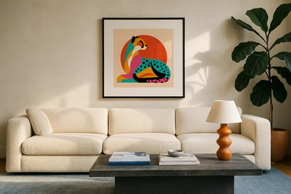 Safari Cat IV by Omar Escalante. Displayed in a glass frame with matte in a clean modern living room. Available as an archival giclee rolled canvas, fine art paper, or poster print. SKU 92558a.