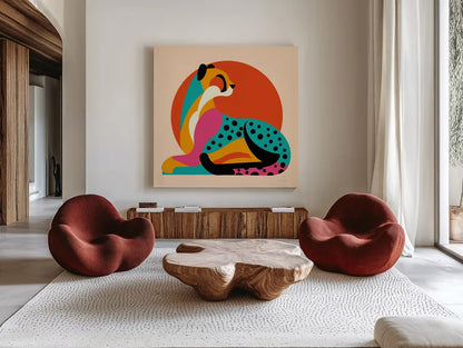 Safari Cat IV by Omar Escalante. Shown as extra-large giant wall art in a modern living room. Available as an archival giclee rolled canvas, fine art paper, or poster print. SKU 92558a.