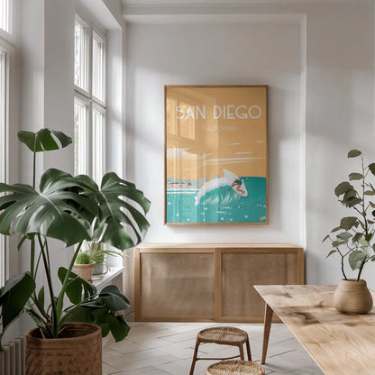 San Diego by Omar Escalante. shown as a print in a natural wood frame in a dining room. Available as a archival giclee rolled canvas, fine art paper, or poster print. SKU 62040h.