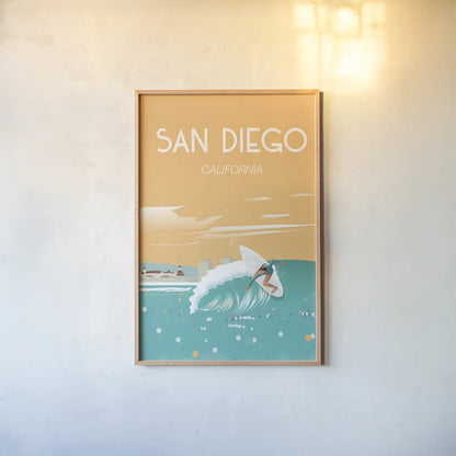 San Diego by Omar Escalante. shown as a paper print in a natural frame. Available as a archival giclee rolled canvas, fine art paper, or poster print. SKU 62040h.