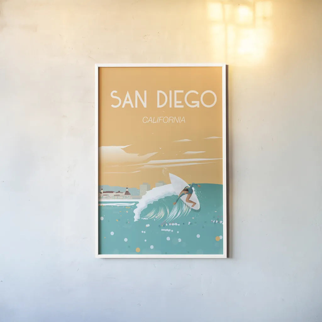 San Diego by Omar Escalante. shown as a paper print in a white frame. Available as a archival giclee rolled canvas, fine art paper, or poster print. SKU 62040h.