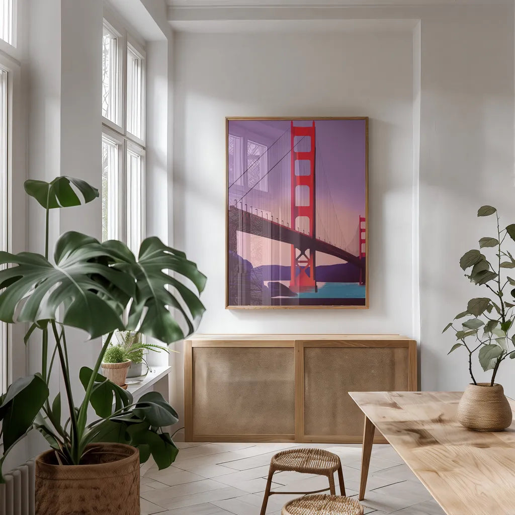 San Francisco I by Omar Escalante. shown as a print in a natural wood frame in a dining room. Available as a archival giclee rolled canvas, fine art paper, or poster print. SKU 62041h.