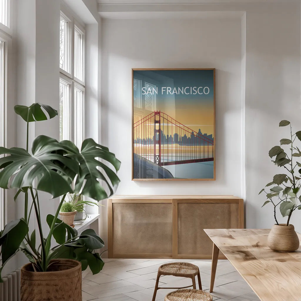 San Francisco II by Omar Escalante. shown as a print in a natural wood frame in a dining room. Available as a archival giclee rolled canvas, fine art paper, or poster print. SKU 62042h.