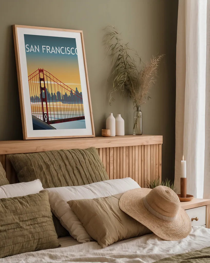 San Francisco II by Omar Escalante. shown as a paper print in a natural frame. Available as a archival giclee rolled canvas, fine art paper, or poster print. SKU 62042h.