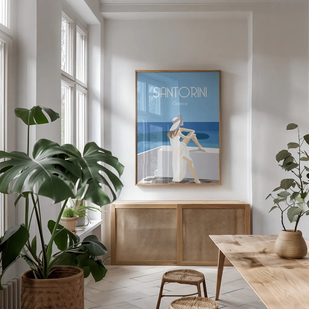 Santori by Omar Escalante. shown as a print in a natural wood frame in a dining room. Available as a archival giclee rolled canvas, fine art paper, or poster print. SKU 62773h.