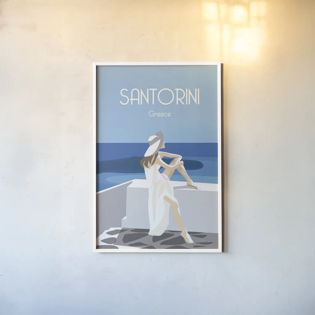 Santori by Omar Escalante. shown as a paper print in a white frame. Available as a archival giclee rolled canvas, fine art paper, or poster print. SKU 62773h.