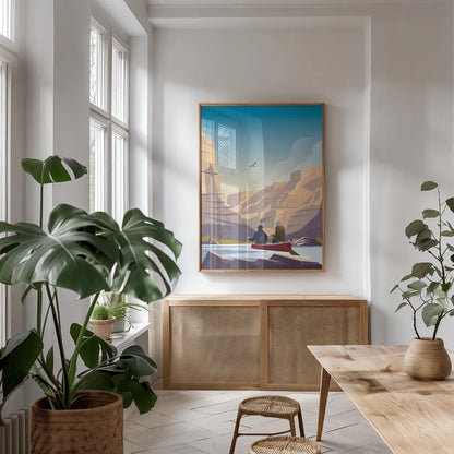 See Adventure by Omar Escalante. shown as a print in a natural wood frame in a dining room. Available as a archival giclee rolled canvas, fine art paper, or poster print. SKU 65935h.