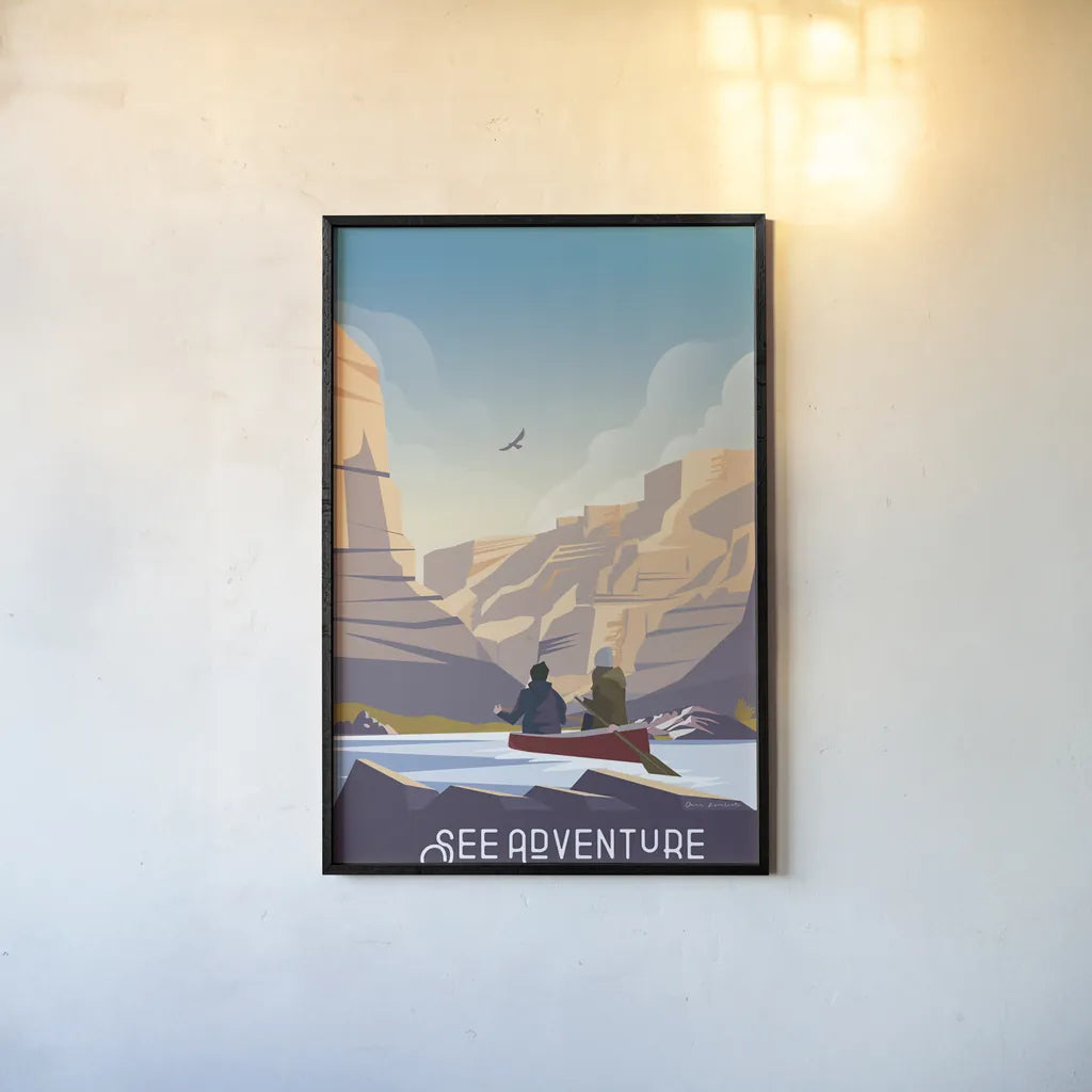 See Adventure by Omar Escalante. shown as a paper print in a black flame. Available as a archival giclee rolled canvas, fine art paper, or poster print. SKU 65935h.