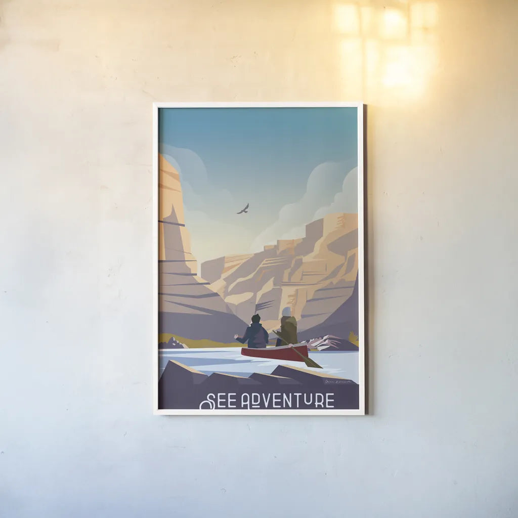 See Adventure by Omar Escalante. shown as a paper print in a white frame. Available as a archival giclee rolled canvas, fine art paper, or poster print. SKU 65935h.