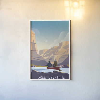 See Adventure by Omar Escalante. shown as a paper print in a white frame. Available as a archival giclee rolled canvas, fine art paper, or poster print. SKU 65935h.