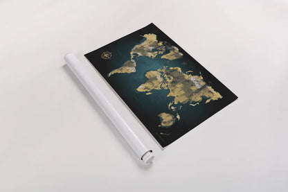 Sketched World Map by Omar Escalante. shown as a rolled paper print. Available as archival giclee rolled canvas, fine art paper, or poster print. SKU 70405i.