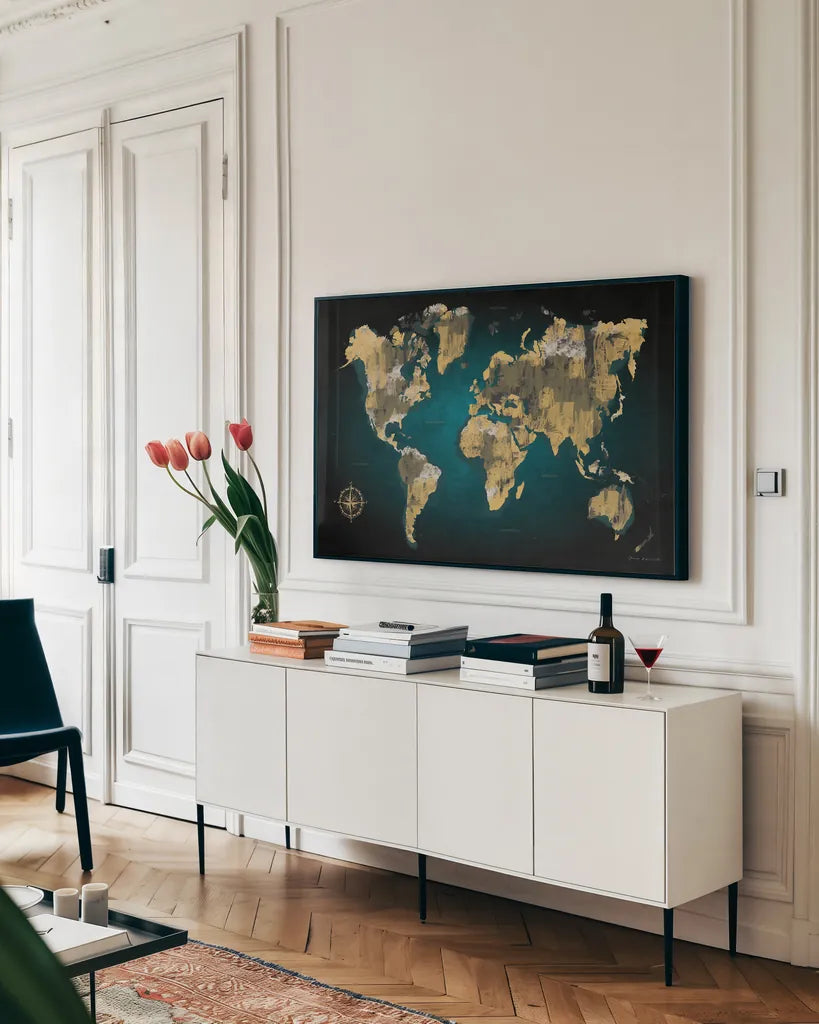 Sketched World Map by Omar Escalante. shown as a framed stretched canvas in a living room above a console. Available as a archival giclee rolled canvas, fine art paper, or poster print. SKU 70405i.