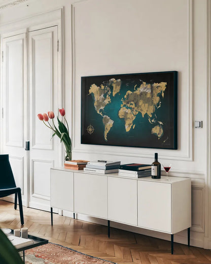 Sketched World Map by Omar Escalante. shown as a framed stretched canvas in a living room above a console. Available as a archival giclee rolled canvas, fine art paper, or poster print. SKU 70405i.