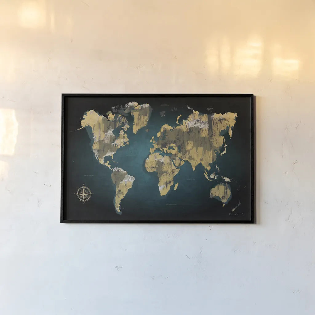 Sketched World Map by Omar Escalante. shown as a paper print in a black flame. Available as a archival giclee rolled canvas, fine art paper, or poster print. SKU 70405i.