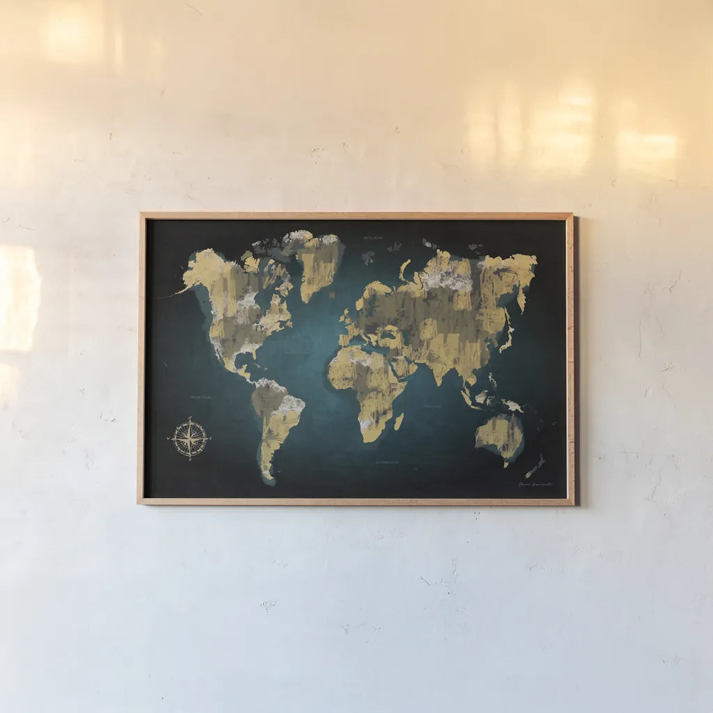 Sketched World Map by Omar Escalante. shown as a paper print in a natural frame. Available as a archival giclee rolled canvas, fine art paper, or poster print. SKU 70405i.
