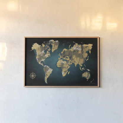 Sketched World Map by Omar Escalante. shown as a paper print in a natural frame. Available as a archival giclee rolled canvas, fine art paper, or poster print. SKU 70405i.