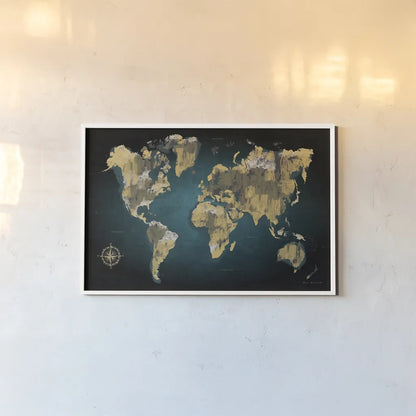 Sketched World Map by Omar Escalante. shown as a paper print in a white frame. Available as a archival giclee rolled canvas, fine art paper, or poster print. SKU 70405i.
