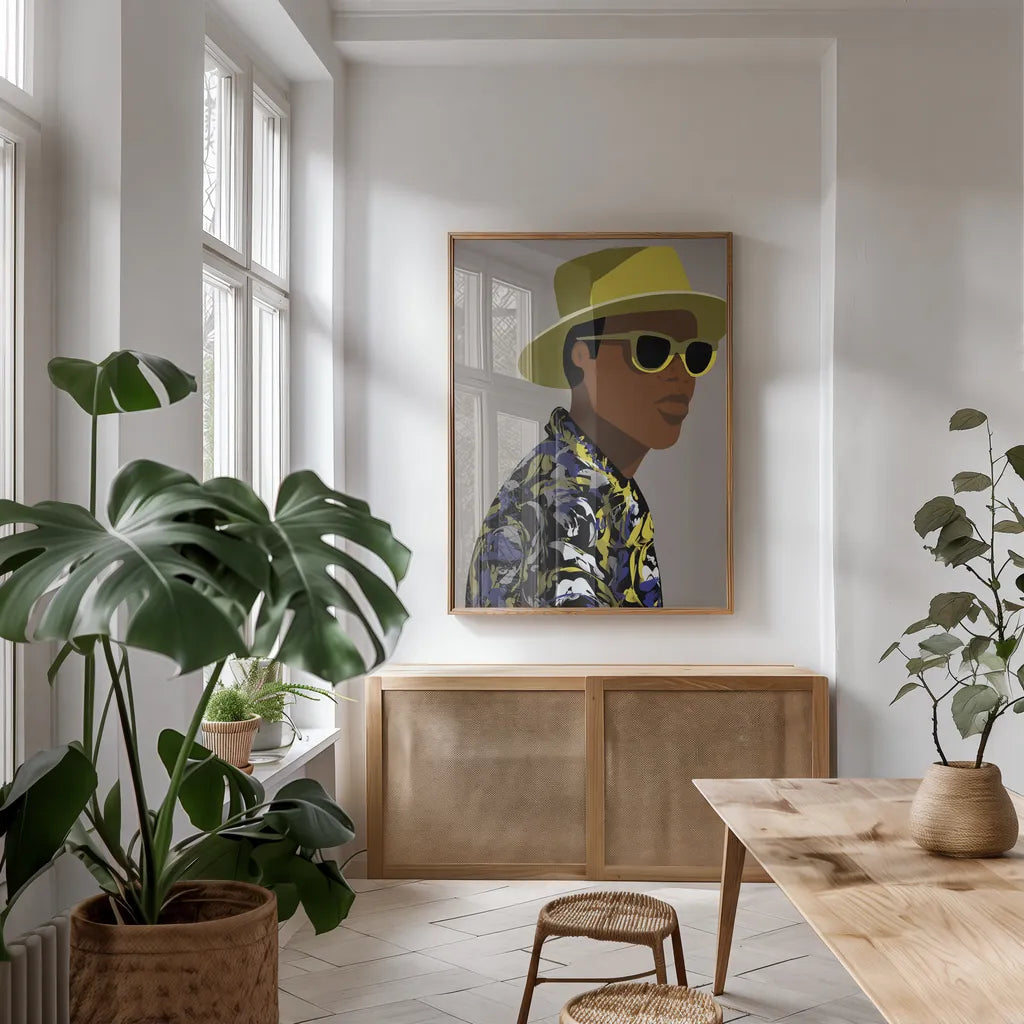 So Cool I by Omar Escalante. shown as a print in a natural wood frame in a dining room. Available as a archival giclee rolled canvas, fine art paper, or poster print. SKU 74124h.