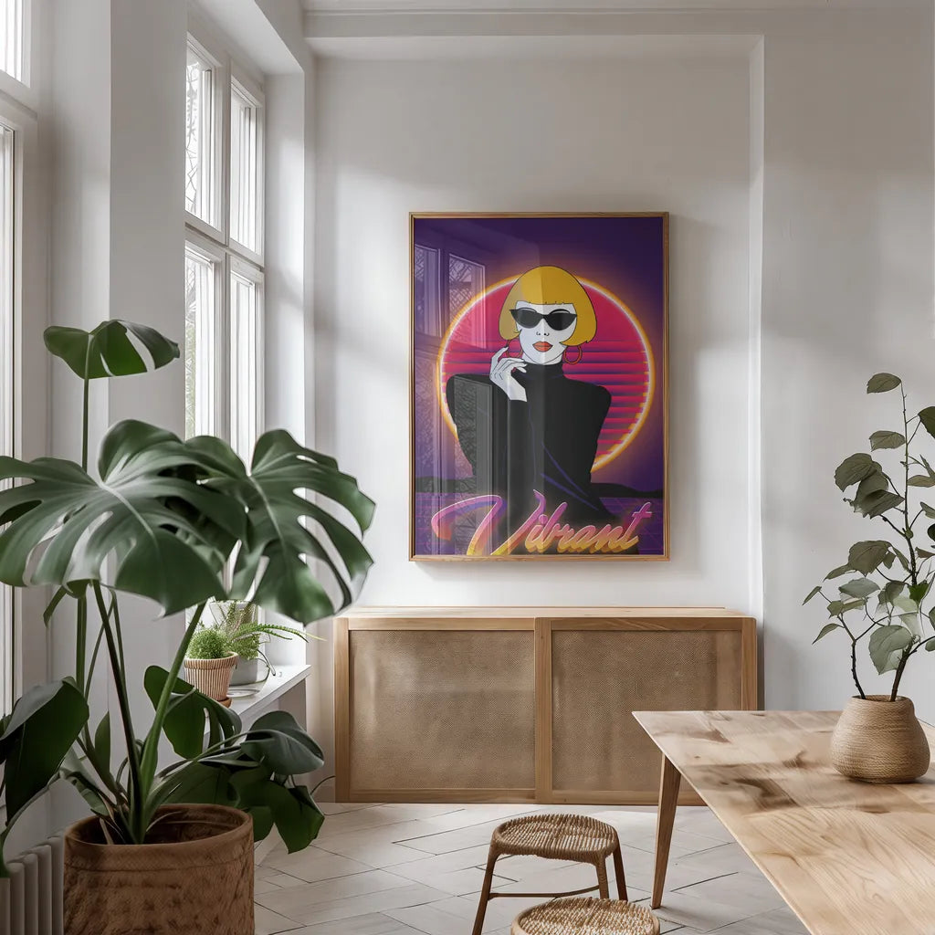 So Eighties I by Omar Escalante. shown as a print in a natural wood frame in a dining room. Available as a archival giclee rolled canvas, fine art paper, or poster print. SKU 75113h.