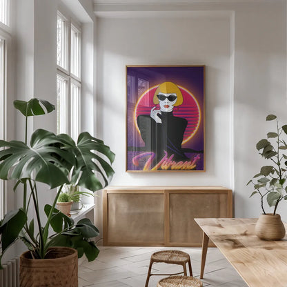 So Eighties I by Omar Escalante. shown as a print in a natural wood frame in a dining room. Available as a archival giclee rolled canvas, fine art paper, or poster print. SKU 75113h.