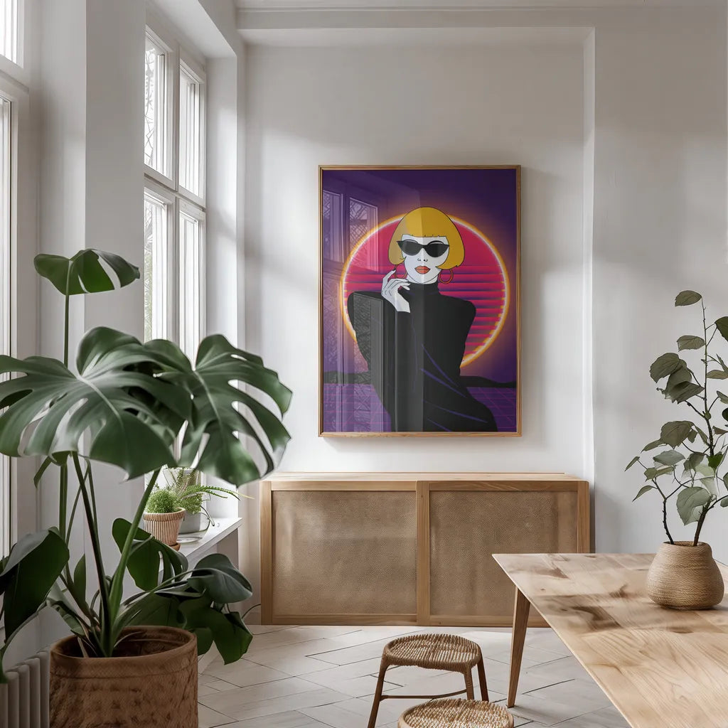 So Eighties I No Words by Omar Escalante. shown as a print in a natural wood frame in a dining room. Available as a archival giclee rolled canvas, fine art paper, or poster print. SKU 77008h.