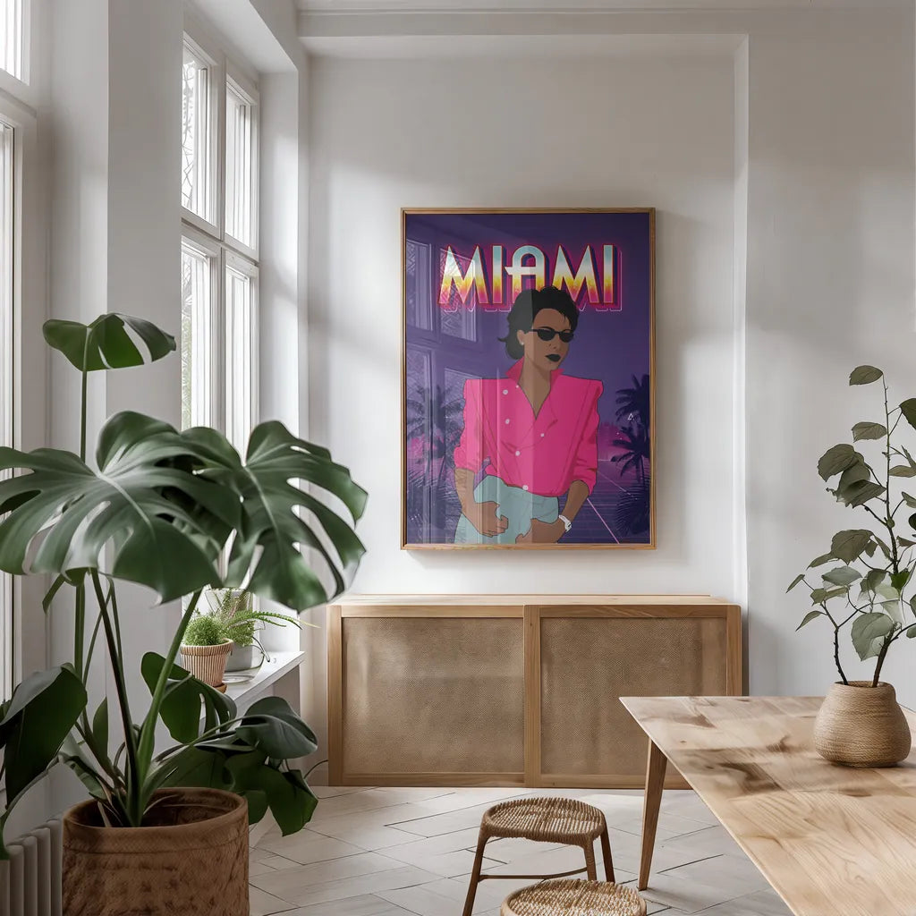 So Eighties II by Omar Escalante. shown as a print in a natural wood frame in a dining room. Available as a archival giclee rolled canvas, fine art paper, or poster print. SKU 75114h.