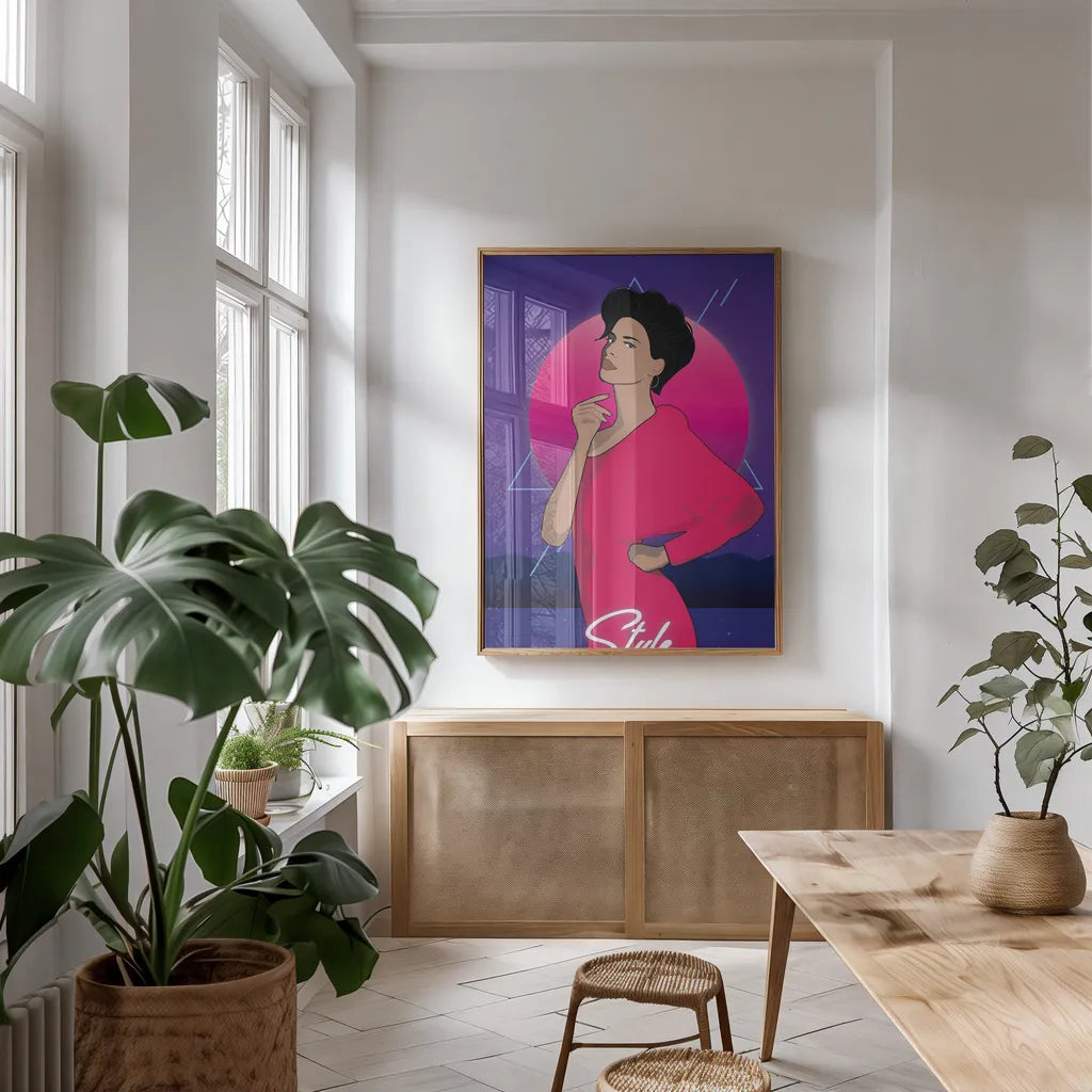 So Eighties III by Omar Escalante. shown as a print in a natural wood frame in a dining room. Available as a archival giclee rolled canvas, fine art paper, or poster print. SKU 75115h.