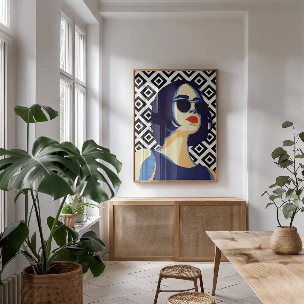 Style and Attitude I by Omar Escalante. shown as a print in a natural wood frame in a dining room. Available as a archival giclee rolled canvas, fine art paper, or poster print. SKU 74769h.