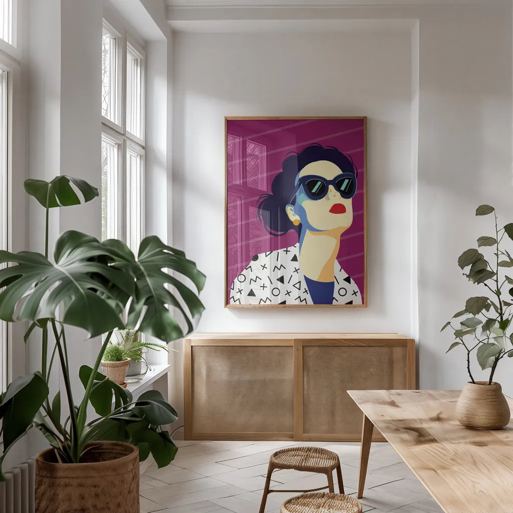 Style and Attitude III by Omar Escalante. shown as a print in a natural wood frame in a dining room. Available as a archival giclee rolled canvas, fine art paper, or poster print. SKU 74771h.