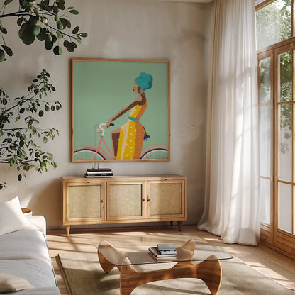 Summer Girl II v2 by Omar Escalante. Shown in a natural wood frame in a cozy modern living room. Available as an archival giclee rolled canvas, fine art paper, or poster print. SKU 66616a.