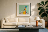 Summer Girl II v2 by Omar Escalante. Displayed in a glass frame with matte in a clean modern living room. Available as an archival giclee rolled canvas, fine art paper, or poster print. SKU 66616a.