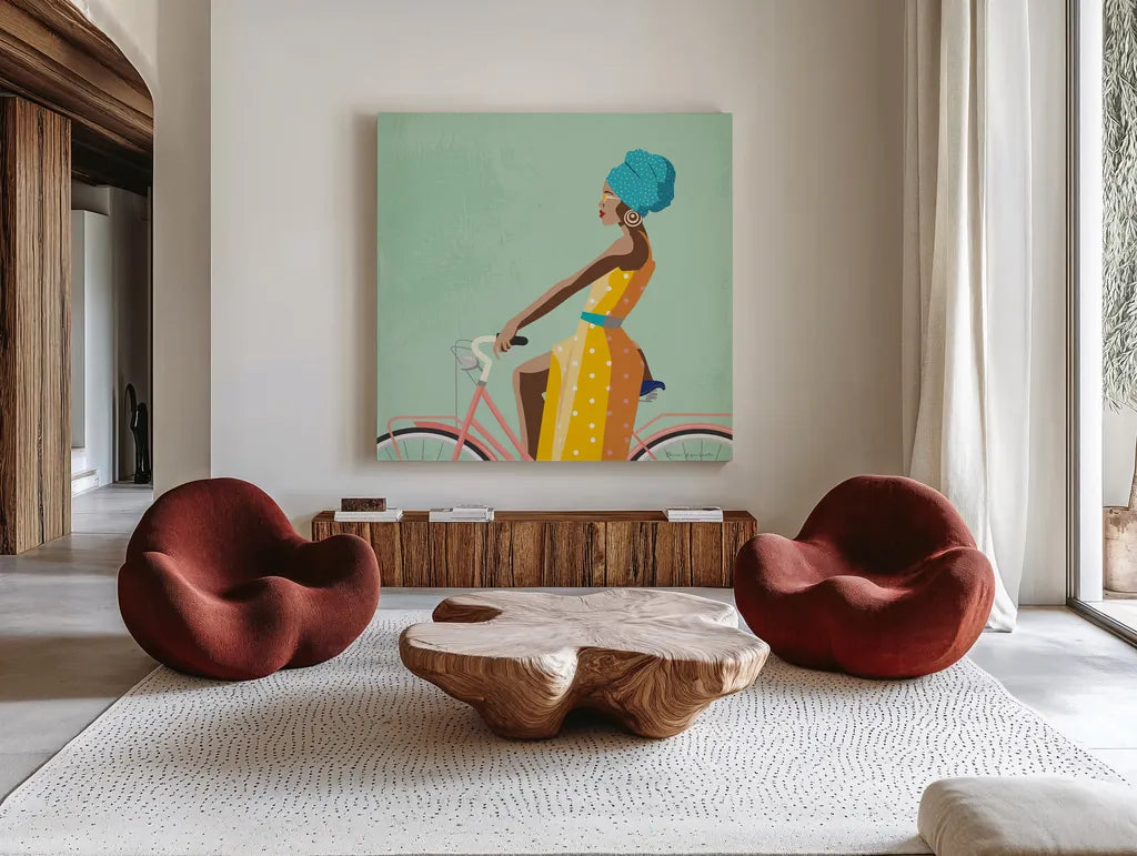 Summer Girl II v2 Texture by Omar Escalante. Shown as extra-large giant wall art in a modern living room. Available as an archival giclee rolled canvas, fine art paper, or poster print. SKU 70077a.